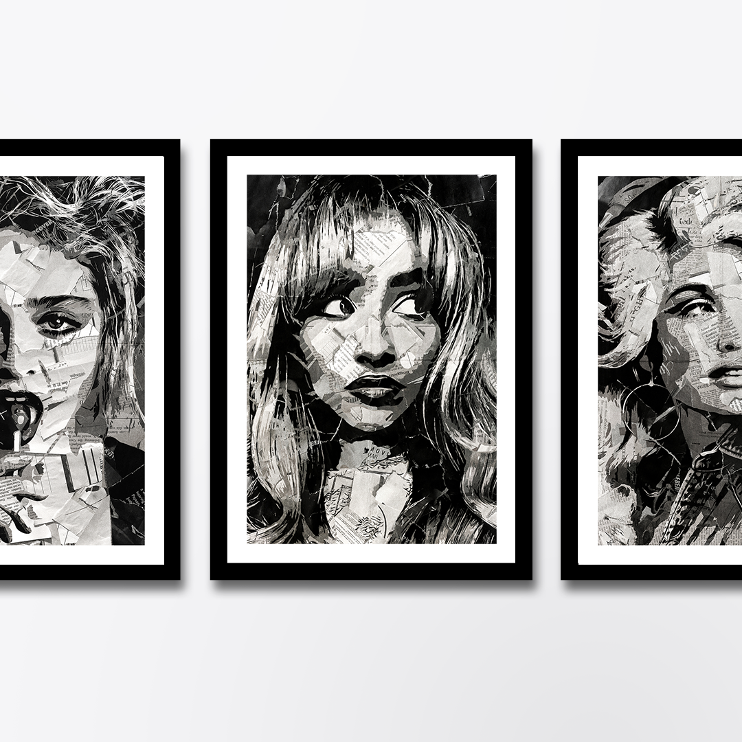 A Sabrina Carpenter poster design - a portrait of Sabrina made using a collage of torn pieces of magazine pages in black and white.
