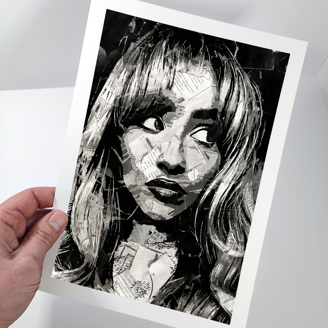 A Sabrina Carpenter poster design - a portrait of Sabrina made using a collage of torn pieces of magazine pages in black and white.