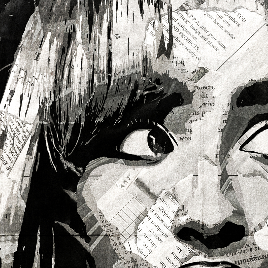 A Sabrina Carpenter poster design - a portrait of Sabrina made using a collage of torn pieces of magazine pages in black and white.