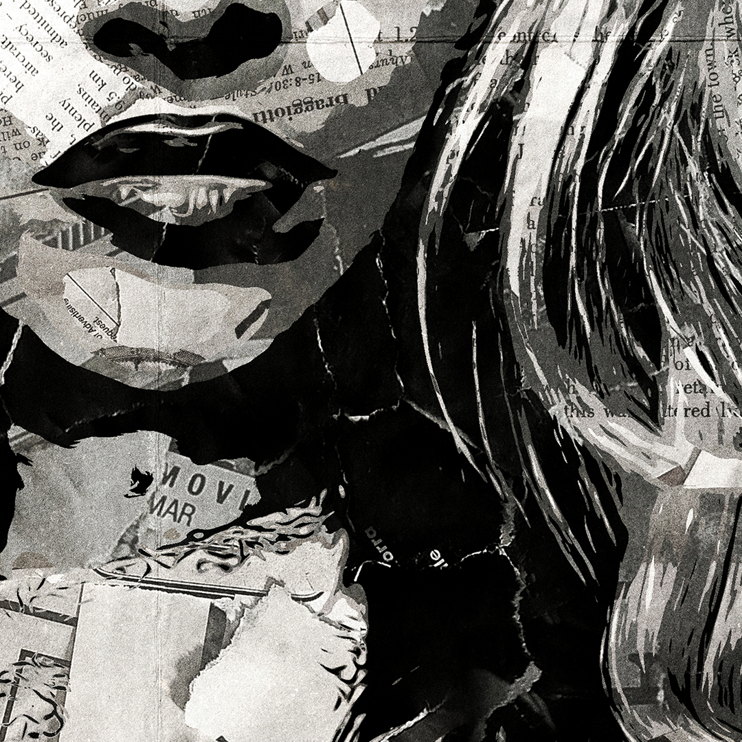 A Sabrina Carpenter poster design - a portrait of Sabrina made using a collage of torn pieces of magazine pages in black and white.