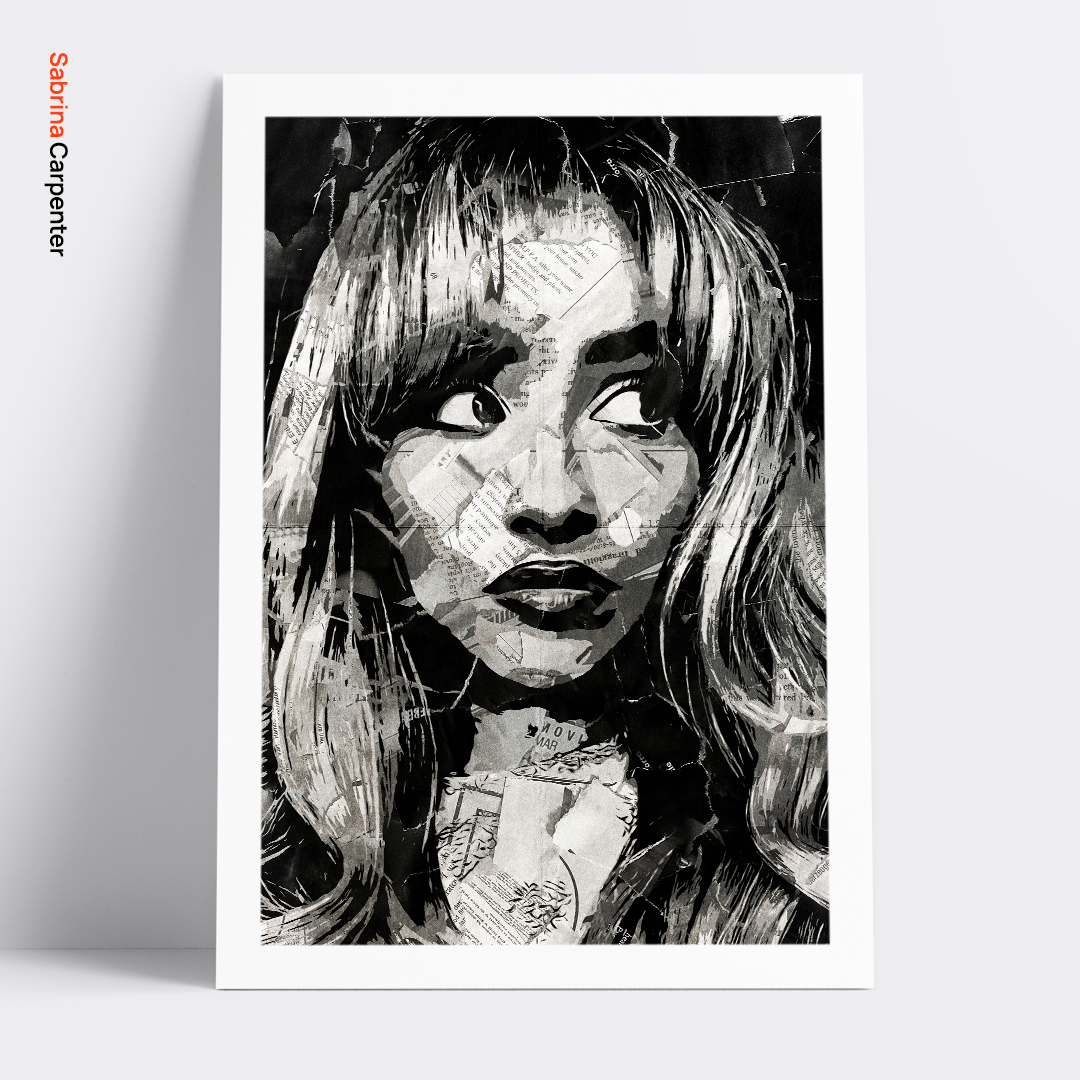 A Sabrina Carpenter poster design - a portrait of Sabrina made using a collage of torn pieces of magazine pages in black and white.