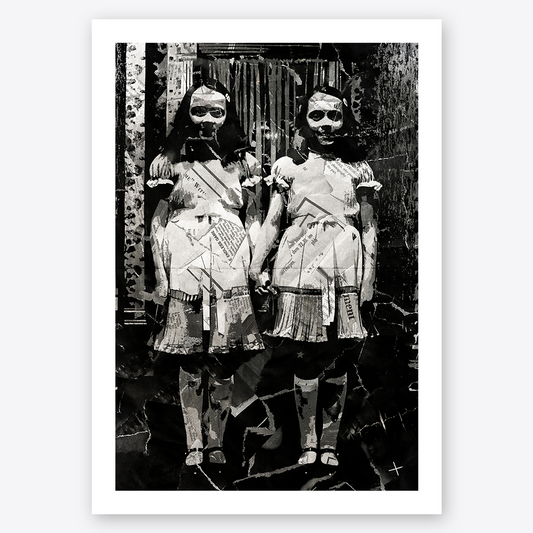 A Grady Twins (The Shining) poster design - a portrait of these delightful young ladies made using a collage of torn pieces of magazine pages in black and white.